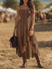 EMERY ROSE Nomadic Bohemian Casual Vacation High-Low Hem Rope Waist Mid-Length Dress For Women - Brown - View 8