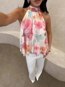 Aloruh 女款優雅花卉印花掛脖上衣 - 彩色 - 查看 6