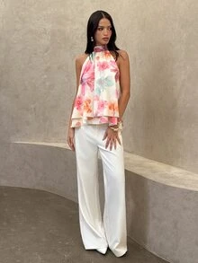 Aloruh 女款優雅花卉印花掛脖上衣 - 彩色 - 查看 5