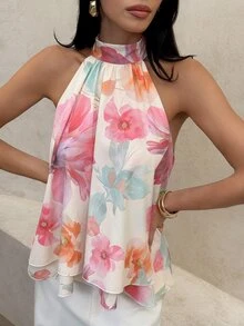 Aloruh 女款優雅花卉印花掛脖上衣 - 彩色 - 查看 7