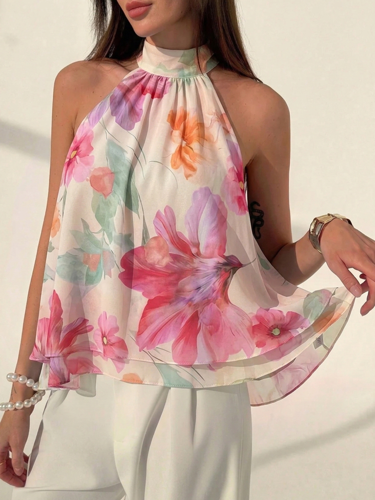 Aloruh Women's Elegant Floral Print Halter Top,Honeymoon - Multicolor - View 1