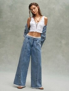 Bohemela Contrast Lace Wide Leg Pants - Blue - View 7
