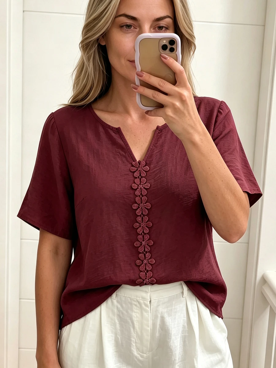 SHEIN LUNE بلوزة نسائية كاجوال للعطلات بياقة مستديرة وفتحات، بأكمام قصيرة وطبعات زهرية ثلاثية الأبعاد، فضفاضة، للربيع والصيف - بني مصدي - مشاهدة 1