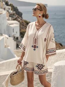 Isle Nomé Women's Spring/Summer Embroidered Collar Top And Shorts Set, Loose Casual Boho Beach Holiday 2-Piece Outfit Beige - Apricot - View 1