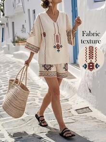 Isle Nomé Women's Spring/Summer Embroidered Collar Top And Shorts Set, Loose Casual Boho Beach Holiday 2-Piece Outfit Beige - Apricot - View 3