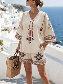 Isle Nomé Women's Spring/Summer Embroidered Collar Top And Shorts Set, Loose Casual Boho Beach Holiday 2-Piece Outfit Beige - Apricot - View 5