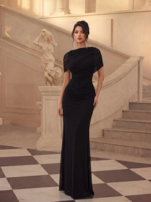 Firerie Elegant Chiffon Overlay Ruffle Decor Fishtail Bridesmaid Dress.Gown,Going Out,Concert,Wedding Guest,Fall/Winter, New Year.Black Full Dress - Black - View 5