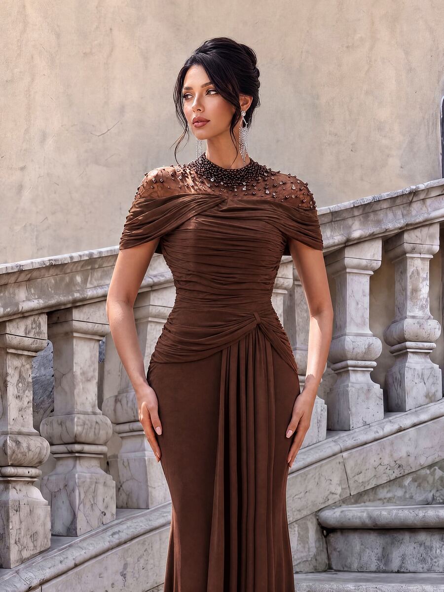 Firerie فستان حورية أنيق وفاخر بتصميم نمط ماسي مرصع بالخرز، شفاف مع تفاصيل رقعات، محبوك مطاطي شبكي، أكمام مجعدة، مناسب لحفلات الزفاف، حفلات توديع العزوبية، العطلات، حفلات التخرج، الأعياد، العرائس، الأمهات، فساتين السهرة - قهوة بني - مشاهدة 1