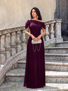 Firerie Elegant Romantic Asymmetric Neck Korean Mesh Ruched Sleeve Full Skirt Dress, Suitable For Wedding, Single Party, Vacation, Holiday, Party.Fall/Winter - Red Violet - View 7