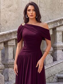 Firerie Elegant Romantic Asymmetric Neck Korean Mesh Ruched Sleeve Full Skirt Dress, Suitable For Wedding, Single Party, Vacation, Holiday, Party.Fall/Winter - Red Violet - View 2