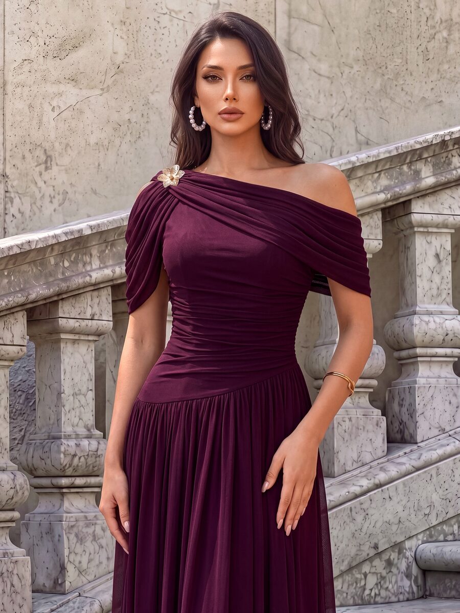 Firerie Elegant Romantic Asymmetric Neck Korean Mesh Ruched Sleeve Full Skirt Dress, Suitable For Wedding, Single Party, Vacation, Holiday, Party.Fall/Winter