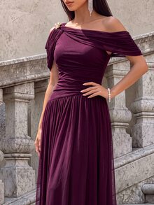 Firerie Elegant Romantic Asymmetric Neck Korean Mesh Ruched Sleeve Full Skirt Dress, Suitable For Wedding, Single Party, Vacation, Holiday, Party.Fall/Winter - Red Violet - View 5