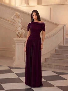 Firerie Elegant Romantic Asymmetric Neck Korean Mesh Ruched Sleeve Full Skirt Dress, Suitable For Wedding, Single Party, Vacation, Holiday, Party.Fall/Winter - Red Violet - View 4