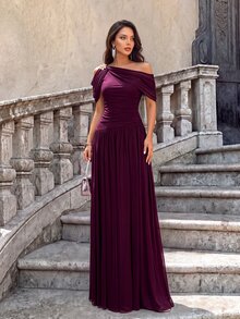 Firerie Elegant Romantic Asymmetric Neck Korean Mesh Ruched Sleeve Full Skirt Dress, Suitable For Wedding, Single Party, Vacation, Holiday, Party.Fall/Winter - Red Violet - View 6