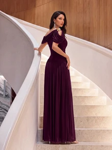 Firerie Elegant Romantic Asymmetric Neck Korean Mesh Ruched Sleeve Full Skirt Dress, Suitable For Wedding, Single Party, Vacation, Holiday, Party.Fall/Winter - Red Violet - View 3