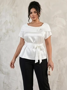 GlowEve CURVE 大码女式纯色腰带优雅办公室衬衫 - 白色 - 查看 2