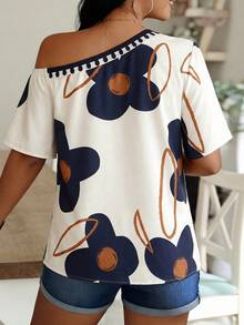 Louniche Off-Shoulder Floral Print Top, Beige & Navy Color Block Casual Blouse For Daily & Vacation - Multicolor - View 3