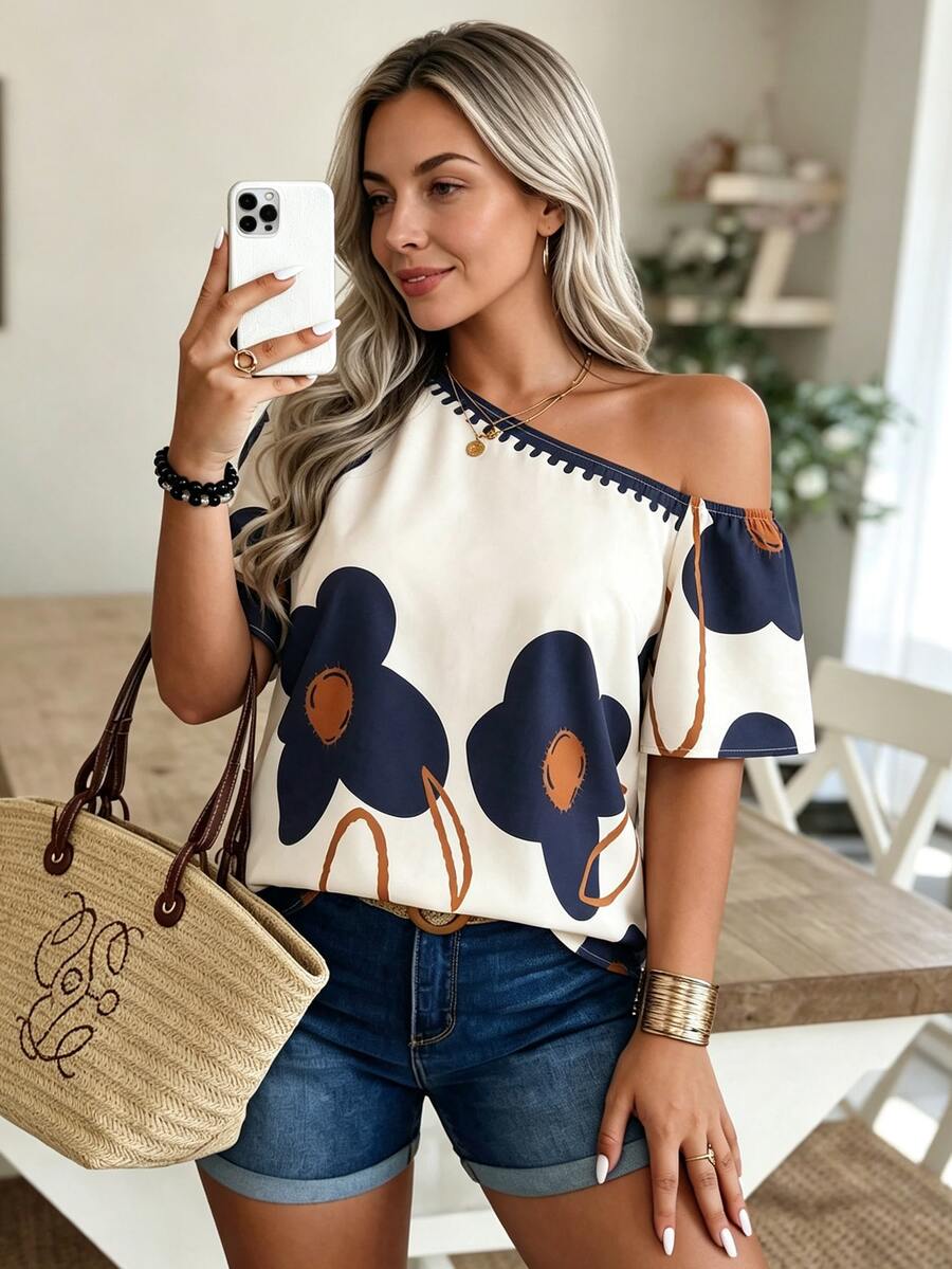 Louniche Off-Shoulder Floral Print Top, Beige & Navy Color Block Casual Blouse For Daily & Vacation