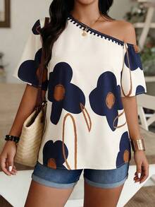 Louniche Off-Shoulder Floral Print Top, Beige & Navy Color Block Casual Blouse For Daily & Vacation - Multicolor - View 5