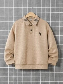 SHEIN Tween Boy Casual Loose Fit Korean British Style Plaid Polo Collar Textured Long Sleeve Sweatshirt, Suitable For Commuting, School, Daily Casual Wear, Outings, Sports, Autumn/Winter - Khaki - View 2