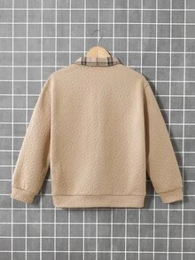 SHEIN Tween Boy Casual Loose Fit Korean British Style Plaid Polo Collar Textured Long Sleeve Sweatshirt, Suitable For Commuting, School, Daily Casual Wear, Outings, Sports, Autumn/Winter - Khaki - View 3