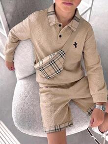 SHEIN Tween Boy Casual Loose Fit Korean British Style Plaid Polo Collar Textured Long Sleeve Sweatshirt, Suitable For Commuting, School, Daily Casual Wear, Outings, Sports, Autumn/Winter - Khaki - View 6