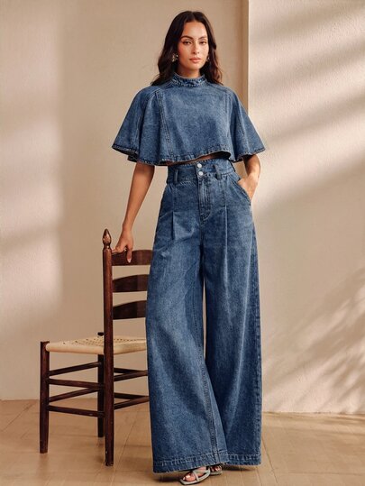 Anewsta Setelan Denim Biru Modern Fashion 2 Potong Celana Panjang Pinggang Tinggi Kaki Lebar + Jubah Lengan Pendek Setelan Denim Wanita Elegan