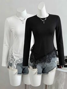 SHEIN Sparklyn 青少年女孩秋季上衣 極簡優雅休閒度假通勤修身T恤上衣，度假穿搭，舒適 - 黑色 - 查看 1
