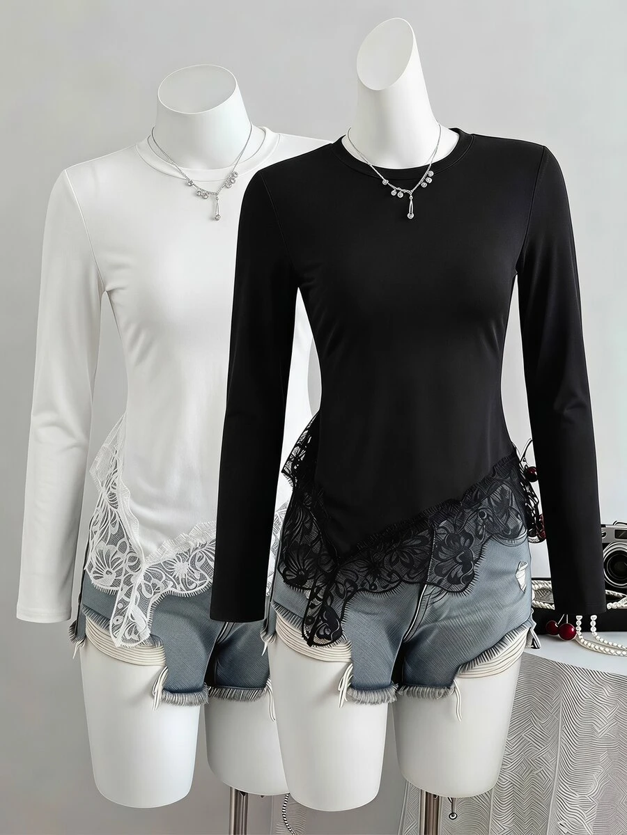 SHEIN Sparklyn 青少年女孩秋季上衣 極簡優雅休閒度假通勤修身T恤上衣,度假穿搭,舒適 - 黑色 - 查看 1