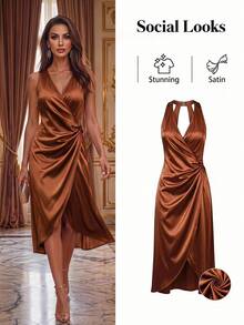 Ellevyn Women's Satin Halter Neck Ruched Hem Elegant Midi Dress,Rust Orange Autumn Formal Wedding Guest Bridesmaid Party Dress,Bar Party Luxury Evening Gown - Olive Green - View 2