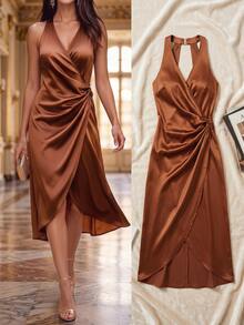 Ellevyn Women's Satin Halter Neck Ruched Hem Elegant Midi Dress,Rust Orange Autumn Formal Wedding Guest Bridesmaid Party Dress,Bar Party Luxury Evening Gown - Olive Green - View 8