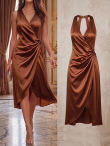 Ellevyn Women's Satin Halter Neck Ruched Hem Elegant Midi Dress,Rust Orange Autumn Formal Wedding Guest Bridesmaid Party Dress,Bar Party Luxury Evening Gown - Olive Green - View 10