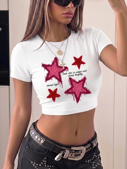 SHEIN ICON Casual Minimalist Five-Pointed Star Pattern Round Neck Short Sleeve Cropped Tight Fit Women's T-Shirt, Suitable For Summer Suitable For Going Out