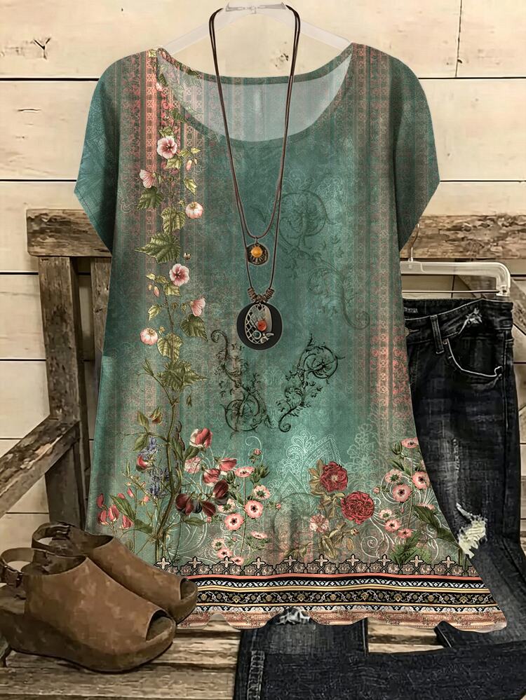 SHEIN LUNE 女士休闲花卉印花圆领衬衫，适合夏季 - 彩色 - 查看 1
