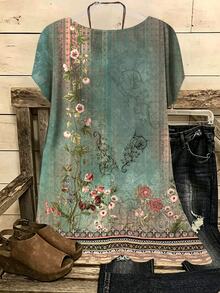 SHEIN LUNE 女士休闲花卉印花圆领衬衫，适合夏季 - 彩色 - 查看 2