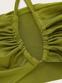 SHEIN ICON 兩件式綁帶領口上衣和扭結前裙子 - 橄欖綠 - 查看 5