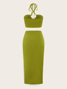 SHEIN ICON 兩件式綁帶領口上衣和扭結前裙子 - 橄欖綠 - 查看 2