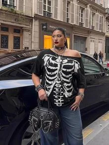 SHEIN CURVE+ Extra Large Halloween Skull Print Casual Gothic 26 Autumn/Winter Daily Concert Black And White Knitted Low Round Neck Women's Shirt - Black - View 1