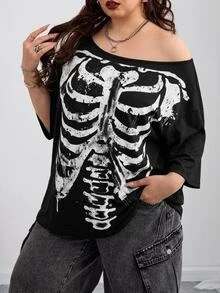 SHEIN CURVE+ Extra Large Halloween Skull Print Casual Gothic 26 Autumn/Winter Daily Concert Black And White Knitted Low Round Neck Women's Shirt - Black - View 2
