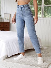 SHEIN Solid Light Blue Casual Street Wear Denim Straight Leg Pants With Pockets Everyday Travel Spring Weekend - Medium Wash - View 3