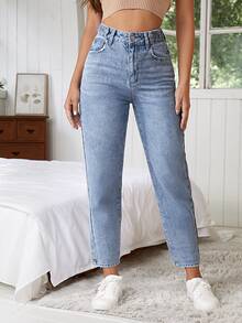 SHEIN Solid Light Blue Casual Street Wear Denim Straight Leg Pants With Pockets Everyday Travel Spring Weekend - Medium Wash - View 1