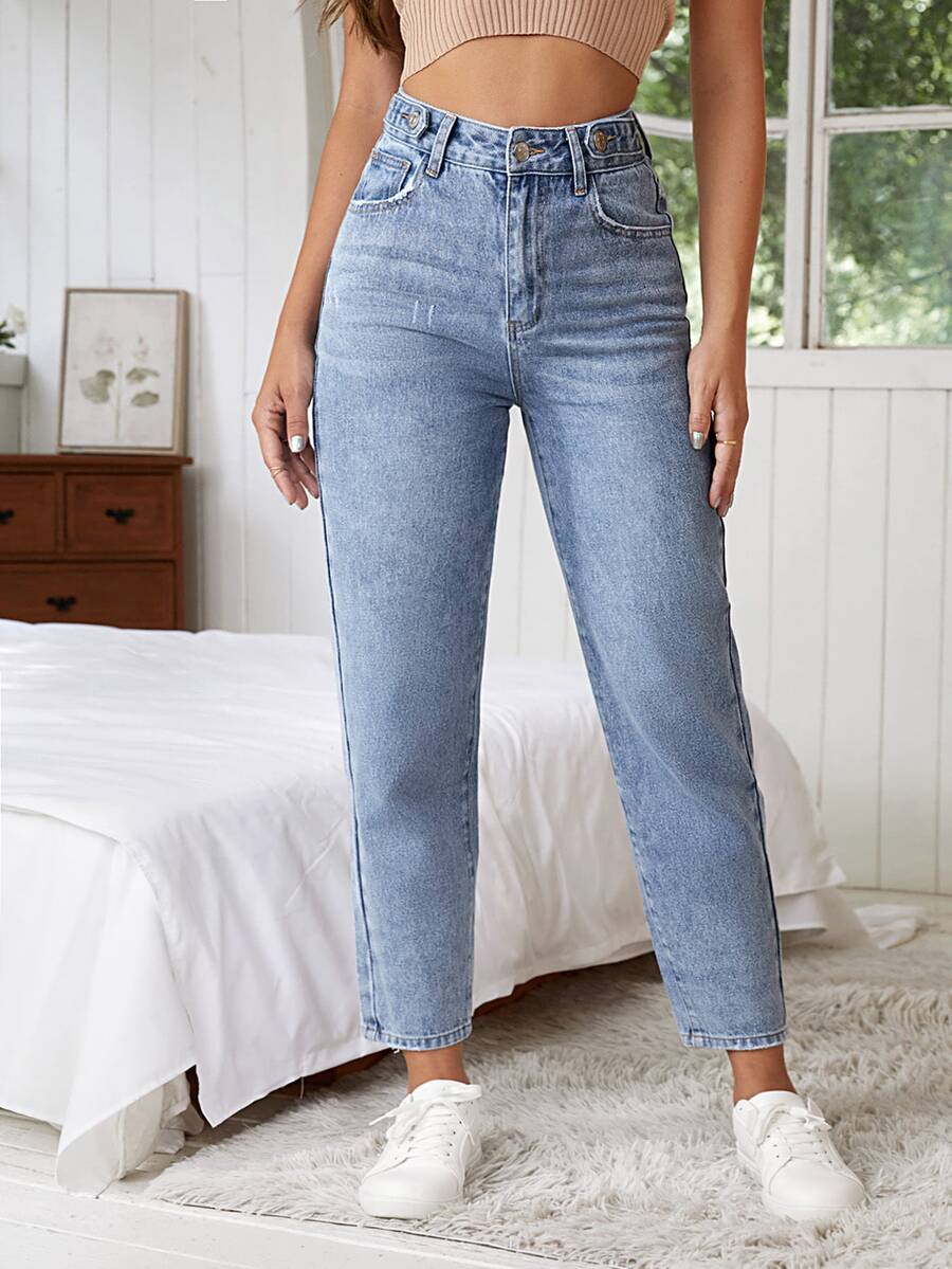 SHEIN Solid Light Blue Casual Street Wear Denim Straight Leg Pants With Pockets Everyday Travel Spring Weekend - Medium Wash - View 1