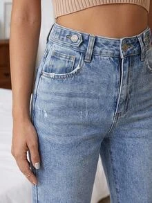 SHEIN Solid Light Blue Casual Street Wear Denim Straight Leg Pants With Pockets Everyday Travel Spring Weekend - Medium Wash - View 7