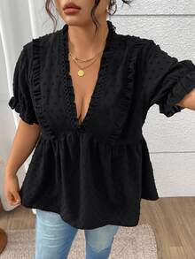 Juhart Plus Size Women Frill Short Sleeve Loose Casual Blouse For Summer - Black - View 10