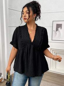 Juhart Plus Size Women Frill Short Sleeve Loose Casual Blouse For Summer - Black - View 7
