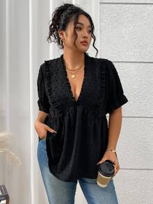 Juhart Plus Size Women Frill Short Sleeve Loose Casual Blouse For Summer - Black - View 2