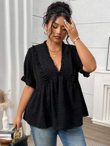 Juhart Plus Size Women Frill Short Sleeve Loose Casual Blouse For Summer - Black - View 4