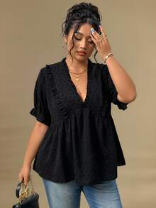 Juhart Plus Size Women Frill Short Sleeve Loose Casual Blouse For Summer - Black - View 8