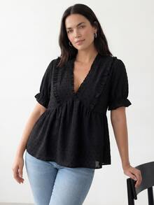 Juhart Plus Size Women Frill Short Sleeve Loose Casual Blouse For Summer - Black - View 11