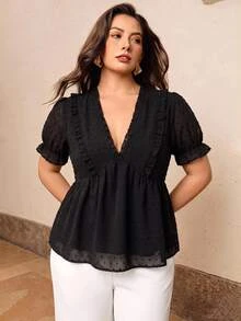 Juhart Plus Size Women Frill Short Sleeve Loose Casual Blouse For Summer - Black - View 1